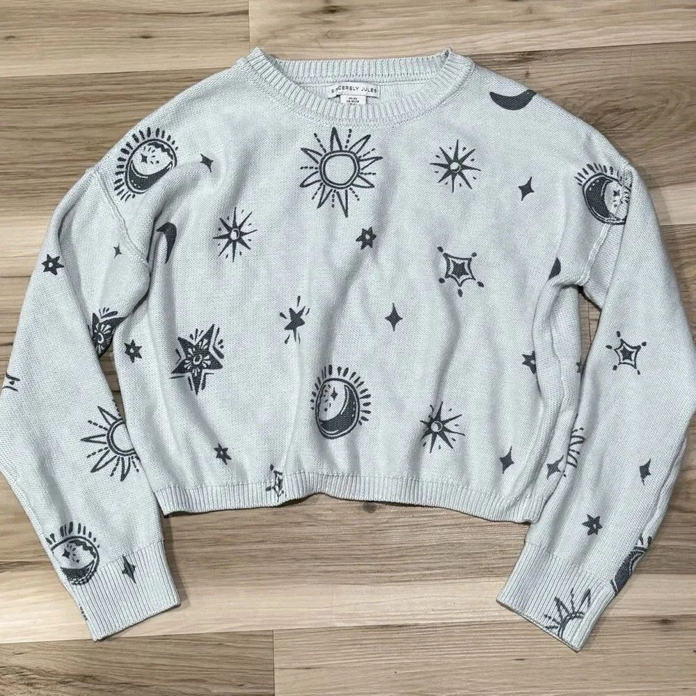 Sincerely Jules Moon and Stars Pullover Cropped Long Sleeve Sweatshirt Womens XS
